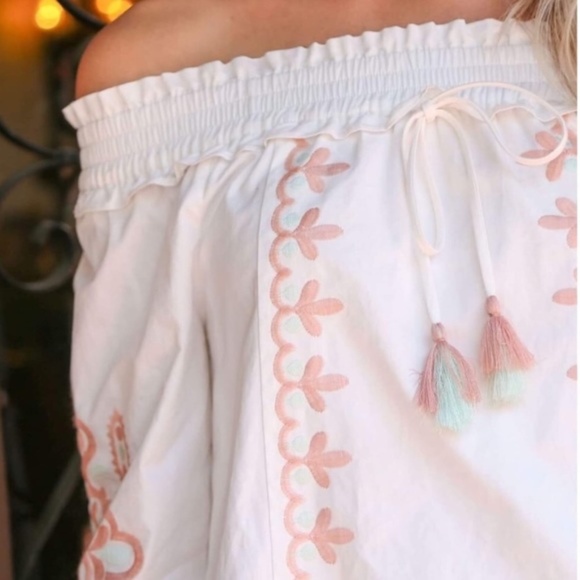 White mint green baby pink embroidered off the shoulder long sleeve dress S M L - Picture 4 of 7